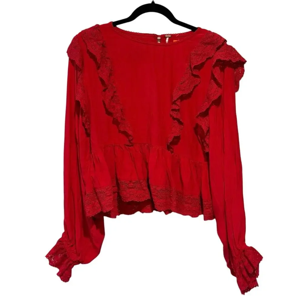 Free People L Ruffle Cropped Long Sleeve Lace Top Blouse Large